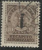 ITALIA REGNO ITALY KINGDOM 1944 REPUBBLICA SOCIALE ITALIANA RSI RECAPITO AUTORIZZATO CENT. 10 TIMBRATO USED - Steuermarken