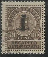 ITALIA REGNO ITALY KINGDOM 1944 REPUBBLICA SOCIALE ITALIANA RSI RECAPITO AUTORIZZATO CENT. 10 TIMBRATO USED - Fiscales
