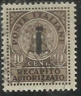 ITALIA REGNO ITALY KINGDOM 1944 REPUBBLICA SOCIALE ITALIANA RSI RECAPITO AUTORIZZATO CENT. 10 TIMBRATO USED - Fiscales