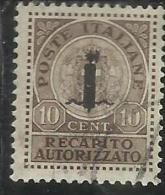 ITALIA REGNO ITALY KINGDOM 1944 REPUBBLICA SOCIALE ITALIANA RSI RECAPITO AUTORIZZATO CENT. 10 TIMBRATO USED - Revenue Stamps