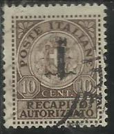 ITALIA REGNO ITALY KINGDOM 1944 REPUBBLICA SOCIALE ITALIANA RSI RECAPITO AUTORIZZATO CENT. 10 TIMBRATO USED - Fiscale Zegels