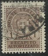ITALIA REGNO ITALY KINGDOM 1946 LUOGOTENENZA RECAPITO AUTORIZZATO LIRE 1 TIMBRATO USED - Servicio Privado Autorizado