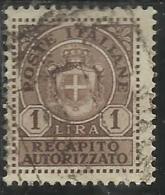 ITALIA REGNO ITALY KINGDOM 1946 LUOGOTENENZA RECAPITO AUTORIZZATO LIRE 1 USATO USED USATO - Service Privé Autorisé