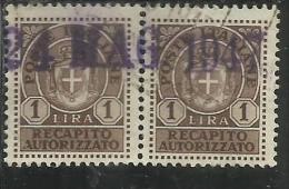 ITALIA REGNO ITALY KINGDOM 1946 LUOGOTENENZA RECAPITO AUTORIZZATO LIRE 1 COPPIA TIMBRATA PAIR USED - Servicio Privado Autorizado