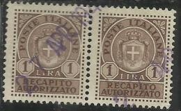 ITALIA REGNO ITALY KINGDOM 1946 LUOGOTENENZA RECAPITO AUTORIZZATO LIRE 1 COPPIA TIMBRATA PAIR USED - Geautoriseerde Privédienst