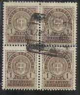 ITALIA REGNO ITALY KINGDOM 1946 LUOGOTENENZA RECAPITO AUTORIZZATO LIRE 1 LIRA QUARTINA USATA BLOCK USED OBLITERE' - Authorized Private Service