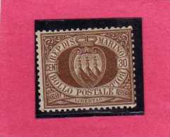 SAN MARINO 1877 - 1890 STEMMA COAT OF ARMS ARMOIRIES CENT.30 MH DISCRETA CENTRATURA SIGNED FIRMATO - Unused Stamps