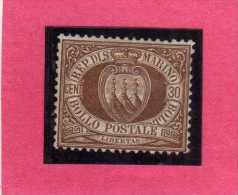 SAN MARINO 1877 - 1890 STEMMA COAT OF ARMS ARMOIRIES CENT.30 MH DISCRETA CENTRATURA SIGNED SIGLATO - Unused Stamps
