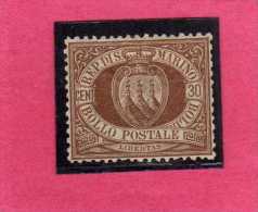 SAN MARINO 1877 - 1890 STEMMA COAT OF ARMS ARMOIRIES CENT.30 MH BEN CENTRATO SIGNED FIRMATO - Unused Stamps