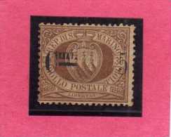 SAN MARINO 1892 STEMMA SOPRASTAMPATO COAT OF ARMS SURCHARGED CENT. 5 SU 30 DISCRETA CENTRATURA MH FIRMATO SIGNED - Neufs