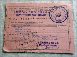 RARO BIGLIETTO V CORPO D ARMATA QUARTIER GENERALE   MILITARI 1 CLASSE  1942 - Chemin De Fer