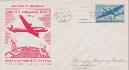 AMERICAN AIRLINES SYSTEM FIRST FLIGHT (FAM24) NEW YORK TO STOCKHOLM 1946 - Storia Postale