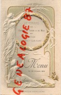 27 - PACY SUR EURE - MAGNIFIQUE ET RARE MENU GAUFRE VETERANS DES ARMEES DE TERRE MER - 23 FEVRIER 1913- HOTEL DE PARIS - Menus