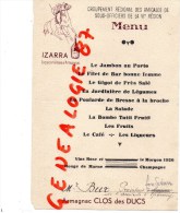 51 - EPERNAY - RARE MENU GROUPEMENT AMICALES SOUS OFFICIERS VIE REGION- M. BUR 1926-IZARRA - Menus