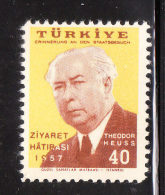 Turkey 1957 Visit Of President Theodor Heuss Of Germany MNH - Unused Stamps