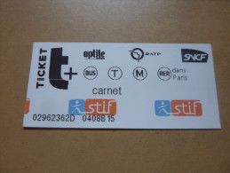 Ticket De Transport (métro, Bus, Train, Tramway) Stif PARIS(75) "carnet" (type3) - Europa