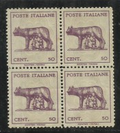 ITALIA REGNO ITALY KINGDOM LUOGOTENENZA 1944 LUPA CENT. 50 CON FILIGRANA QUARTINA BLOCK NG SG NUOVA UNUSED - Neufs