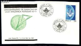 O)1981 BRAZIL,FDC,SEQUICENTENARIO OF MASON LODGE POTIGUAR, MASONIC EMBLEM,MAP BRAZIL STAMP - FDC