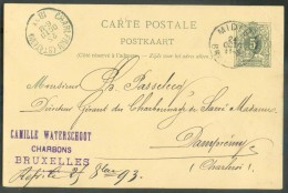 E.P. Carte 5 Centimes Obl. Ambulant Sc MIDI 8 Bruxelles (Camille Waterschoot CHARBONS Situé Rue  Fonsny 43) Le 24 Octobr - Cartoline 1871-1909