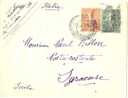 LINT4 - EP ENVELOPPE SEMEUSE LIGNEE 15c 123x96mm + COMPL.T MARSEILLE / SYRACUSE (ITALIE) AVRIL/MAI 1906 - Buste Postali E Su Commissione Privata TSC (ante 1995)