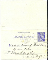 LINT4 - EP CARTE LETTRE MERCURE 1f BORDEAUX / ST JEAN D'ANGELY DECEMBRE 1940 - Letter Cards