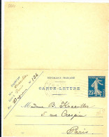 LINT4 - EP CARTE LETTRE SEMEUSE CAMEE 25c DATE 017 PARIS POUR VILLE FEVRIER 1921 - Cartes-lettres