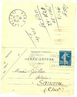 LINT4 - EP CARTE LETTRE SEMEUSE CAMEE 25c DATE 021 NANTES / SANCERRE AOÛT 1921 - Cartoline-lettere