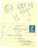 LINT4 - EP CARTE LETTRE SEMEUSE CAMEE 25c DATE 021 NANTES / SANCERRE AOÛT 1921 - Kaartbrieven