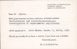 Netherlands RHEUMATOLOGY UNIVERSITY HOSPITAL Of LEIDEN 1961 Card Karte To Denmark (2 Scans) - Cartas & Documentos