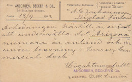 Great Britain Postal Stationery Ganzsache Private Print ANDORSON, BECKER & Co., LONDON 1902 To NYSTAD Finland (2 Scans) - Luftpost & Aerogramme