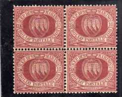 SAN MARINO 1894 - 1899 STEMMA COAT OF ARMS ARMOIRIES CENT.10 MNH QUARTINA BLOCK OTTIMA CENTRATURA - Neufs