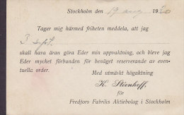 Sweden Postal Stationery Ganzsache Entier FREDFORS FABRIKS AKTIEBOLAG, STOCKHOLM 1920 To UMEÅ (2 Scans) - Entiers Postaux