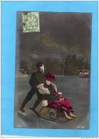 Patinage Au Clair De Lune- Galant  Poussant  Sa Belle En  Fauteuil à Patins-TTB -a Voyagé En 1905 - Pattinaggio Artistico