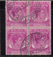 Block Of 4 Used 5c 1948 (1952), KG VI, Perf., 17 1/2 X 18, Singapore, Malaya - Singapore (...-1959)