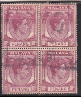 Block Of 4 Used 10c Penang 1949 KG VI, Malaya - Penang