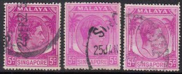 3 Diff, Colour / Shade (Variety ??????), 5c KG VI Series, 1952, Singapore Used, - Singapore (...-1959)