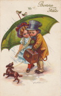 ENFANTS - CHIEN - DOG - Jolie Carte Fantaisie Italienne Enfants Sous Parapluie Avec Chien "Bonne Fête" Signée CASTELLI - Castelli