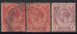 4c  Multi Crown CA KG V 1912-1923, 3 Diff., Shades / Colour,  Straits Settlements, Malaya - Straits Settlements