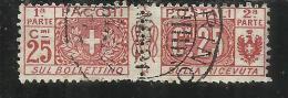 ITALY KINGDOM ITALIA REGNO PACCHI POSTALI 1914 - 1922  NODO DI SAVOIA CENT. 25c USATO USED OBLITERE' - Paketmarken