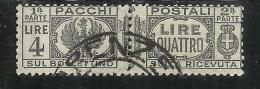 ITALIA REGNO ITALY KINGDOM 1927 - 1932 PACCHI POSTALI FASCI LIRE 4 USATO USED - Paketmarken