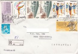 STAMPS ON REGISTERED COVER, NICE FRANKING, TRAIN, GYMNASTICS, PERSONALITIES, 1992, SPAIN - Storia Postale