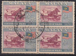 Used Block Of 4, 25c Dredge, Flag, Malaysia 1957, - Federation Of Malaya