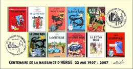 FRANCE 2007 N°00a - 10 Albums Fictifs Lotus Bleu + 2 Cachets 1er Jour FDC TINTIN KUIFJE HERGE GUEBWILLER - Hergé