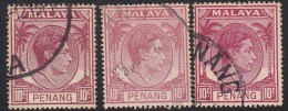 10c X 3 Colour Variety,  Penang Used 1949,  Diffinitive Of King George VI, Malaya - Penang