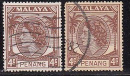 4c Xc 2 Colour Variety,  Penang Used 1954,  Diffinitive Of QE,  Malaya - Penang