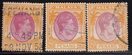 25c Xc 3 Colour Variety,  Penang Used 1949,  Diffinitive Of KG VI,  Malaya - Penang