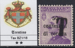 ITALIA - TRENTINO - Sass BZ1/ 18 - Cv 188 Euro - CERTIFICATO+ Firmato - Gomma Integra - MNH** - Trente