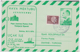 TURQUIE - 1979 - AEROGRAMME REPIQUAGE VISITE DU PAPE JEAN-PAUL II - Postal Stationery