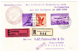 Nordamerika-Fahrt Luftschiff Hindenburg Express R-Brief Schaan Nach Chicago 5.V.36 Retour Kreuzlingen - Luchtpostzegels