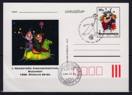 CLOWN / 1996 - HUNGARY - CIRCUS Festival BUDAPEST  - STATIONERY - POSTCARD - FDC / Horse Trumpet - Circus